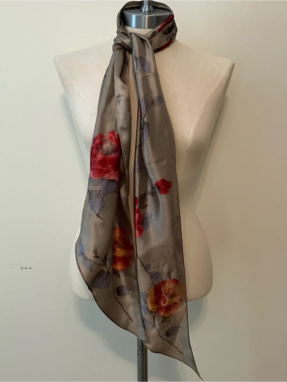 VTG Anne Klein Silk Sage Green Floral Striped Scarf Rectangle 8.5 X 68in